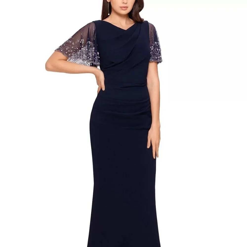 Betsy & Adam Gown 6 Navy Blue Beaded Sheer Sleeve Ruched Formal Evening Gala MOB